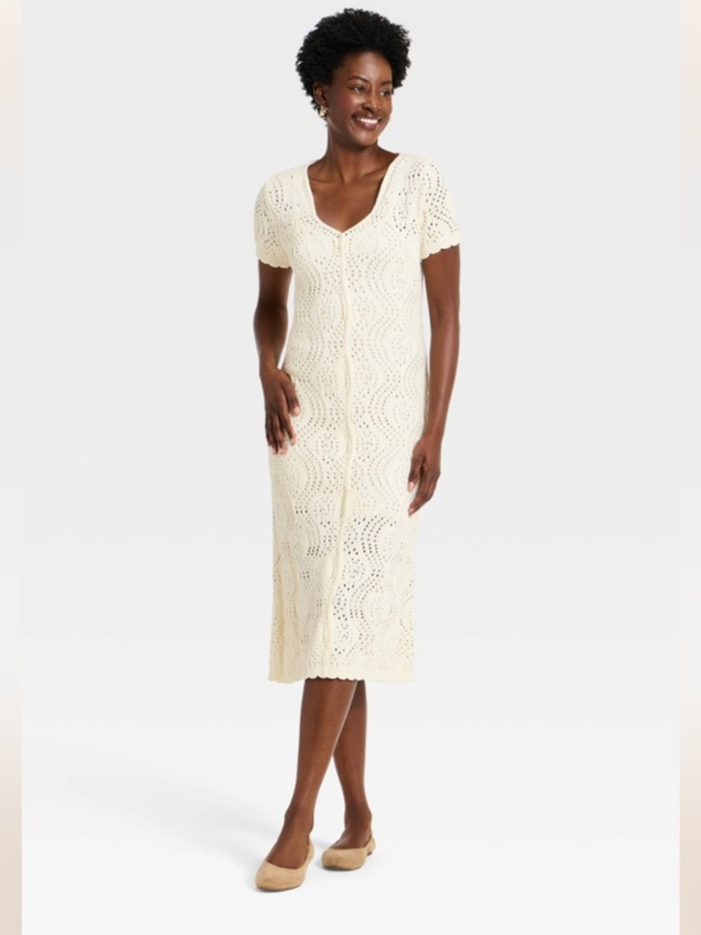 NWT Women's Western Short Sleeve Scalloped Crafted Midi A-Line Dress